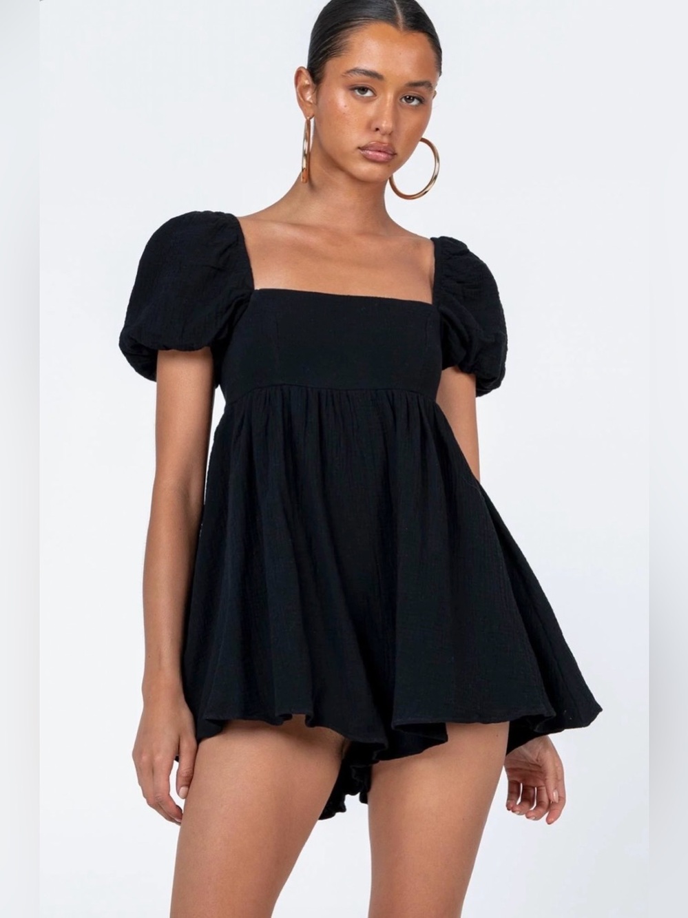 Princess Polly black romper women 4 gauzy shorts puff sleeves flowy Lorna cotton